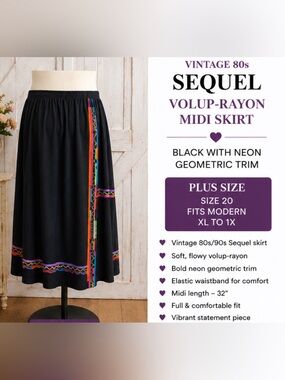 Vintage 80s- Sequel- Volup-Rayon, Black Midi Skirt with Neon Geometric Trim